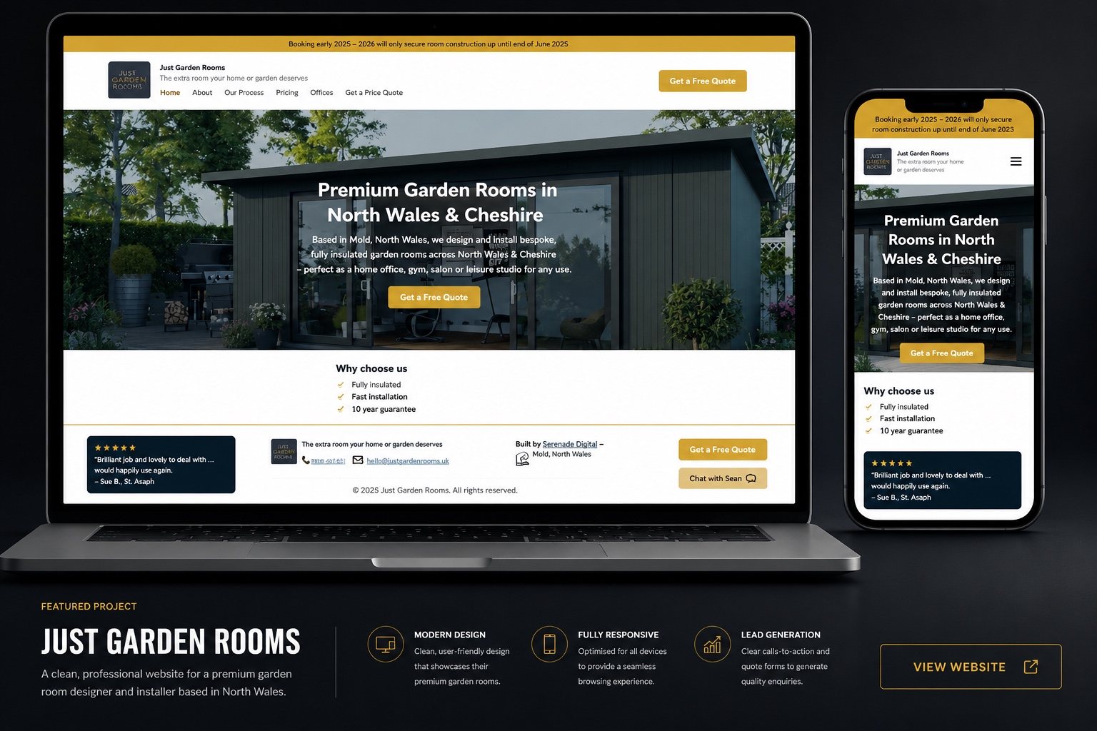 Just Garden Rooms website concept shown on laptop and phone